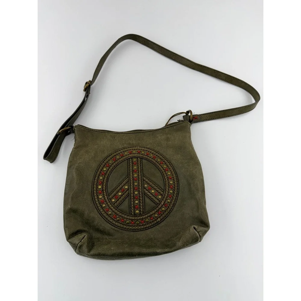 The Sak Olive Green Leather Crossbody Bag Peace Sign Studded Boho Y2K Purse